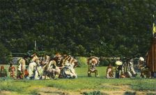 Cherokee Indians in Full Native Costume in one of their Ceremonial Dances - On Cherokee Indian Rese Creator: Unknown