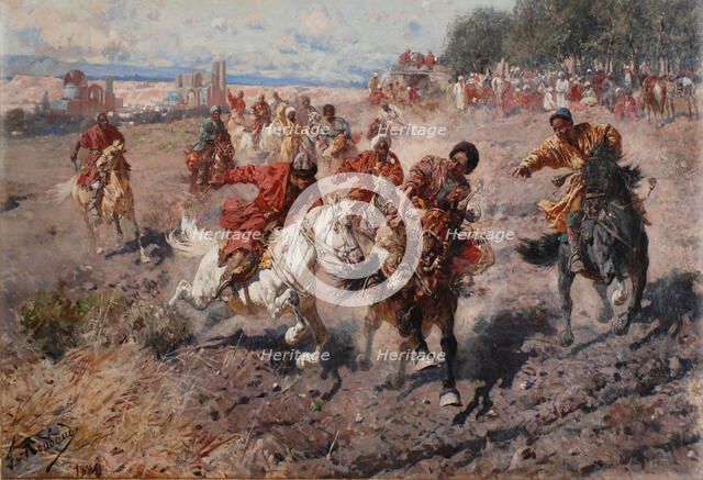 Cherkess Celebrating the end of Muharram with the Equestrian Sport of the Dash for the Prize Lamb, 1889. Artist: Roubaud, Franz (1856-1928)