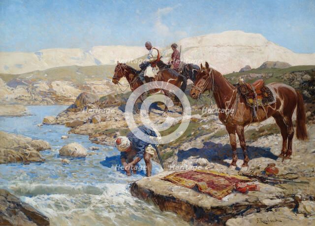 Cherkessian Horseman Crossing the River. Artist: Roubaud, Franz (1856-1928)