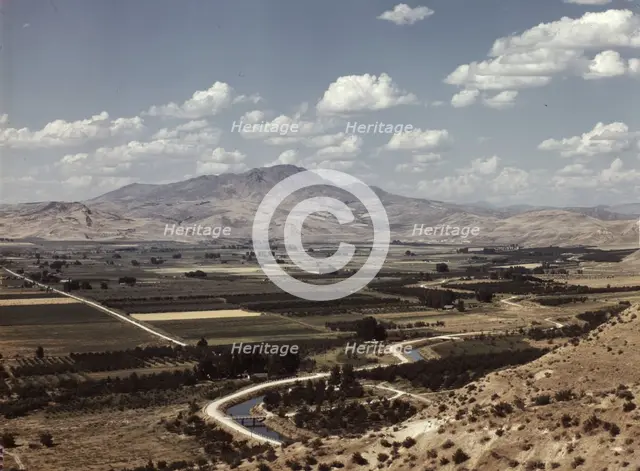 Cherry orchards, farm lands and irrigation ditch at Emmett, Idaho, 1941. Creator: Russell Lee.