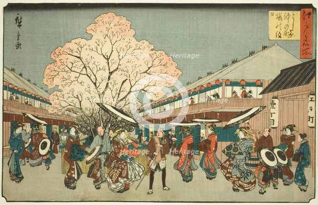 Cherry Blossom Day on the Nakanocho of the Yoshiwara (Yoshiwara Nakanocho Sakura..., c. 1840/58. Creator: Ando Hiroshige.