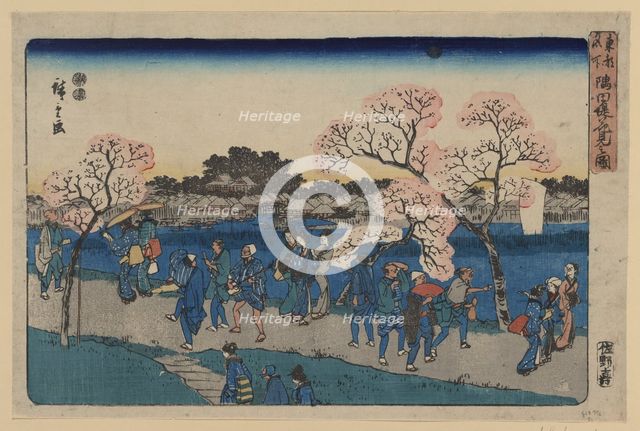 Cherry blossoms along Sumida River. (Sumida tsutsumi hanami no zu). Artist: Hiroshige, Utagawa (1797-1858)