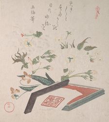 Cherry Blossoms and Seal-box with Ink and Ruler, 19th century. Creator: Kubo Shunman