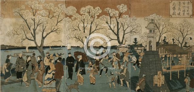 Cherry blossoms in full bloom along Sumida River. (Bokusui tsutsumi hanazakari no zu). Artist: Hiroshige, Utagawa (1797-1858)