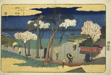 Cherry Blossoms in Rain at the Sumida Embankment (Sumida zutsumi uchu no sakura)..., c. 1832/34. Creator: Ando Hiroshige