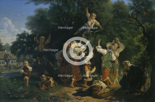 Cherry harvest in a landowner's fruit garden in the Ukraine, 1858. Artist: Sokolov, Ivan Ivanovich (1823-1918)