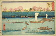 Cherry Trees along the Sumida River Embankment at the Mimeguri Inari Shrine..., c. 1840/58. Creator: Ando Hiroshige