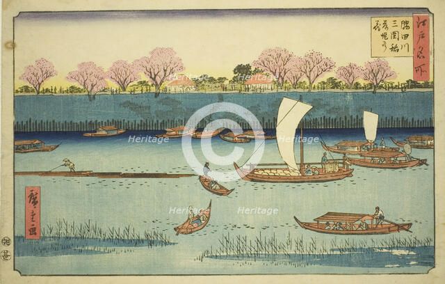 Cherry Trees along the Sumida River Embankment at the Mimeguri Inari Shrine..., c. 1840/58. Creator: Ando Hiroshige.