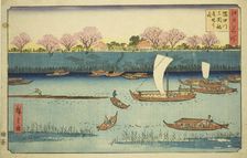 Cherry Trees along the Sumida River Embankment at the Mimeguri Inari Shrine..., c. 1840/58. Creator: Ando Hiroshige