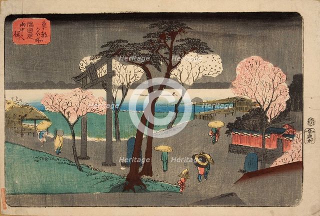 Cherry Trees in Rain on the Sumida River Embankment. (Sumida zutsumi uchû no sakura). Artist: Hiroshige, Utagawa (1797-1858)
