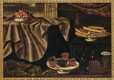 Cherries in a porcelain bowl on a draped table, a plate of cookies, jars of honey..., Early 18th cen Creator: Anonymous
