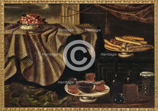 Cherries in a porcelain bowl on a draped table, a plate of cookies, jars of honey..., Early 18th cen Creator: Anonymous.