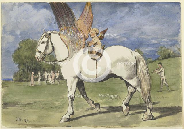Cherub on Pegasus, 1889. Creator: Hans Thoma.