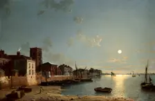 Cheyne Walk in Chelsea, by Moonlight c1850. Creator: Henry Pether
