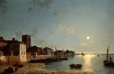 Cheyne Walk in Chelsea, by Moonlight c1850. Creator: Henry Pether