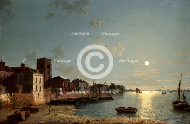 'Cheyne Walk in Chelsea, by Moonlight', c1850. Creator: Henry Pether.