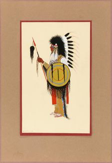 Cheyenne Warrior in Feather Headdress with Shield, ca. 1915-1937. Creator: Monroe Tsatoke