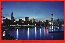 Chicago's Picturesque Night Skyline postcard, 1976. Artist: H Mark Weidman