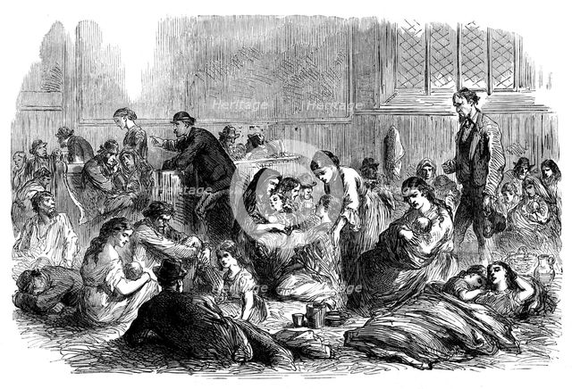 Chicago after the Fire: burnt-out people in the chapel of Grace Church, 1871. Creator: Unknown.