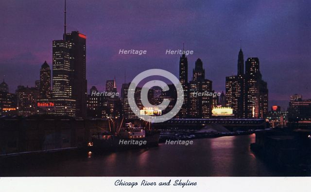 Chicago River and city skyline at night, Illinois, USA, 1957. Artist: Unknown