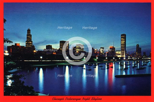 'Chicago's Picturesque Night Skyline', postcard, 1976. Artist: H Mark Weidman