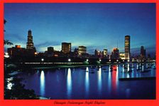 Chicago's Picturesque Night Skyline postcard, 1976. Artist: H Mark Weidman