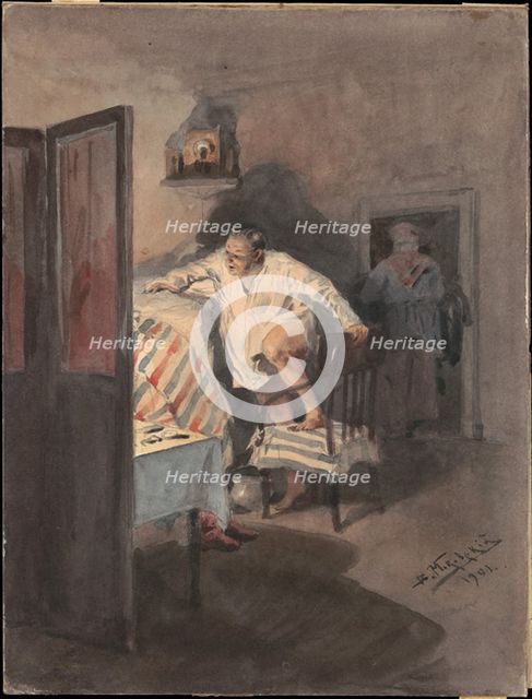 Chichikov at the house of Korobochka. Illustration for the novel Dead Souls by N. Gogol.