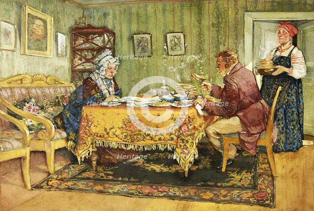 Chichikov at the house of Korobochka. Illustration for the novel "Dead Souls" by N. Gogol, 1930. Creator: Topikov (Pravednikov), Evtikhy Ivanovich (1890-1945).