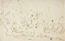Chickens and Roosters in Yard, n.d. Creator: Unknown