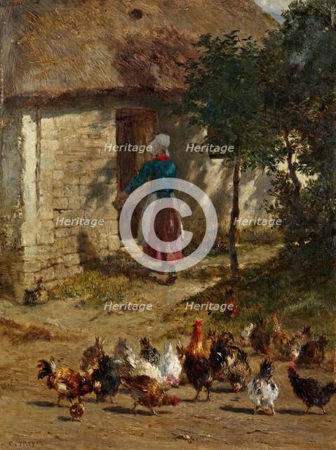 Chickens in front of a farmhouse, 1850/1860. Creator: Constant Troyon.