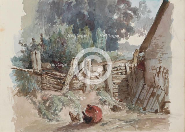 Chickens scratching in a farmyard, 1864-1865. Creator: Maria Vos.