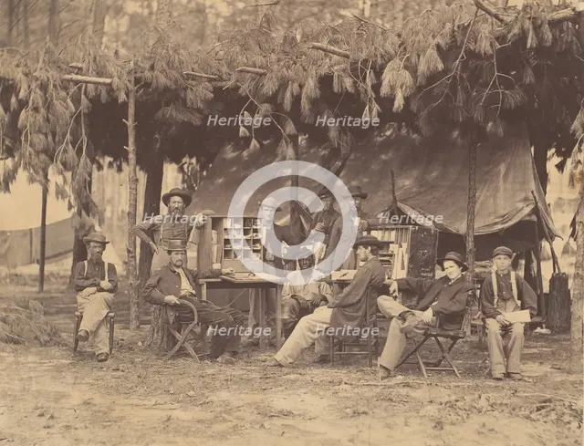 Chief Officer and Clerks of the Ambulance Department, 9th Army Corps, in Front of P..., August 1864. Creator: Tim O'Sullivan.