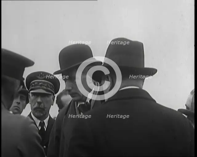 Chief Marshal Sir John Salmond and Other British Officials Inspecting the Wreckage of the..., 1930. Creator: British Pathe Ltd.