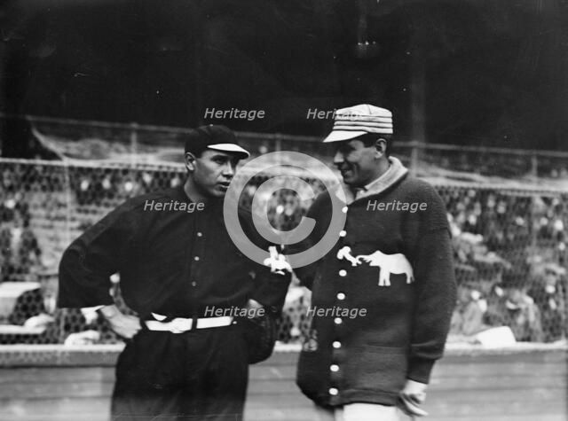 Chief Meyers, New York, NL & Chief Bender, Philadelphia, AL at World Series (baseball), 1911. Creator: Bain News Service.