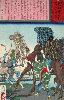 Child Calms a Horse by Covering His Head with Her Jacket, 1875. Creator: Tsukioka Yoshitoshi