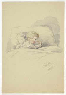 Child Asleep (recto), and Fishermen on Dock (verso), 1847. Creator: Elizabeth Murray