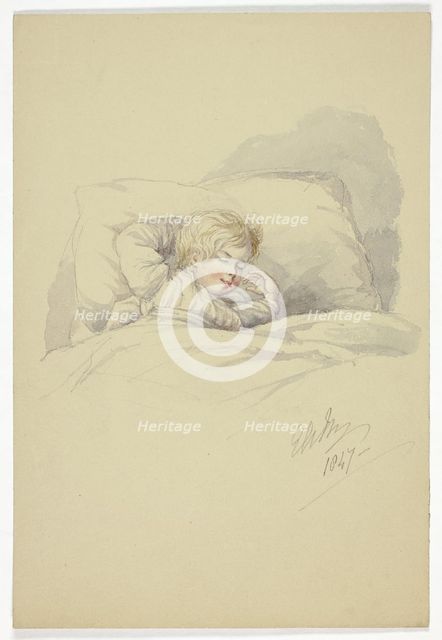 Child Asleep (recto), and Fishermen on Dock (verso), 1847. Creator: Elizabeth Murray.