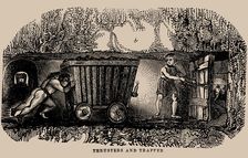 Child labour in coal mines: Two thrusters and a trapper in a coal mine, 1854. Creator: Anonymous ()