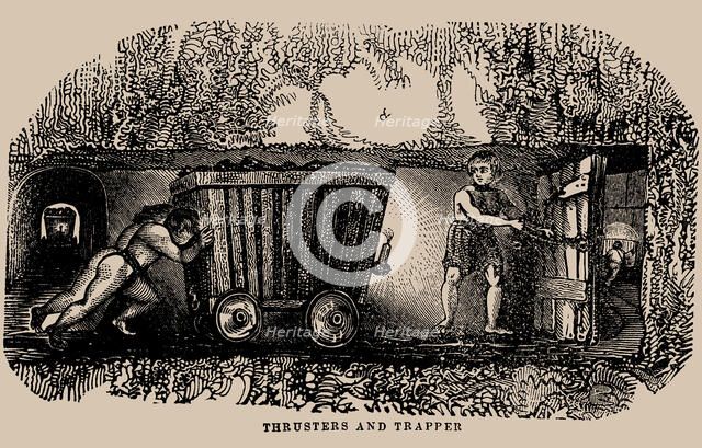Child labour in coal mines: Two thrusters and a trapper in a coal mine, 1854. Creator: Anonymous ().