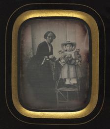 Child Standing on a Chair Holding Flowers, with Mother, c. 1855. Creator: Unidentified Photographer
