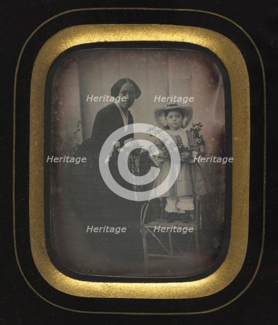 Child Standing on a Chair Holding Flowers, with Mother, c. 1855. Creator: Unidentified Photographer.