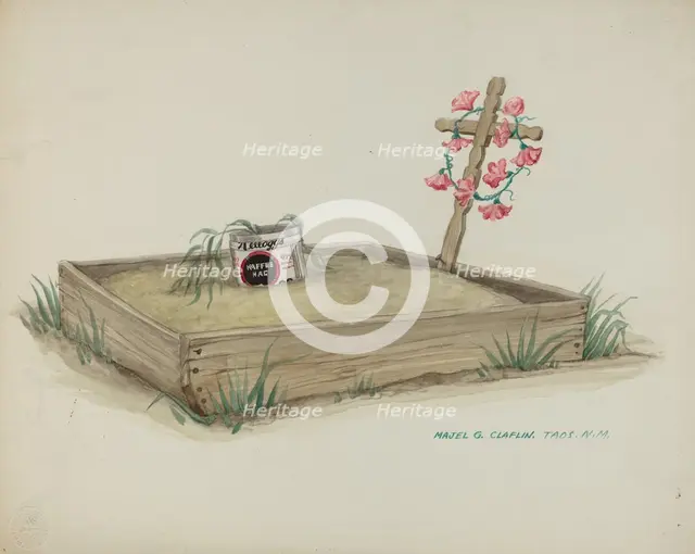 Child's Grave with Hand Made Cross of Wood, c. 1937. Creator: Majel G. Claflin.