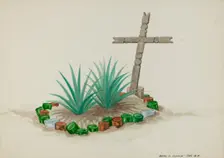 Child's Grave with Wooden Cross - Bottle Decorations, c. 1937. Creator: Majel G. Claflin