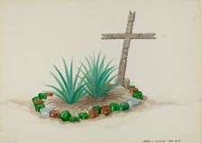 Child's Grave with Wooden Cross - Bottle Decorations, c. 1937. Creator: Majel G. Claflin