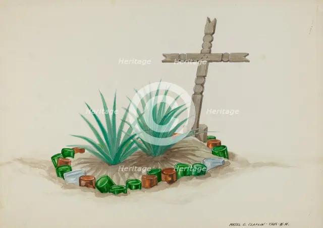 Child's Grave with Wooden Cross - Bottle Decorations, c. 1937. Creator: Majel G. Claflin.