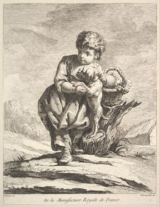 Child with a dog, holding a basket of grapes, from Premier Livre de Figures d'après les po..., 1757. Creator: Pierre Etienne Falconet