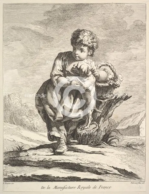 Child with a dog, holding a basket of grapes, from Premier Livre de Figures d'après les po..., 1757. Creator: Pierre Etienne Falconet.