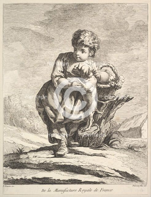 Child with a dog, holding a basket of grapes, from Premier Livre de Figures d'après les po..., 1757. Creator: Pierre Etienne Falconet.