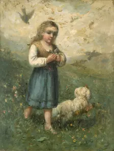 Child with Birds and Dog, 1882. Creator: Edward Mitchell Bannister