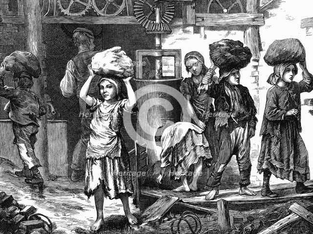 Children carrying loads of clay in the brickyards of the English Midlands, 1871. Artist: Unknown